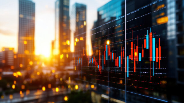 vibrant financial district skyline at sunset, showcasing stock market trends with colorful candlestick charts. scene symbolizes economic growth and urban development - Powered by Adobe