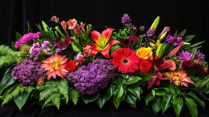 Obraz premium Floral and Leafy Arrangement in a Creative Layout. Flat Lay. Nature-Inspired Greeting Card. Vibrant Spring Flower Background with Text Space. Trendy Decorative Nature Design.