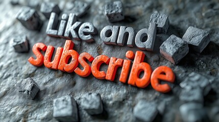 A rock with the letters "like" and "subscribe" written on it. The letters are in orange and black