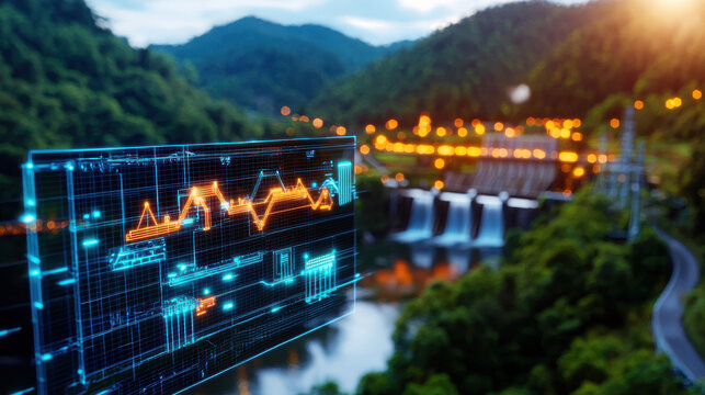 birds eye view of hydroelectric power plant with digital data overlay, showcasing energy production and environmental integration. scene captures harmony of technology and nature