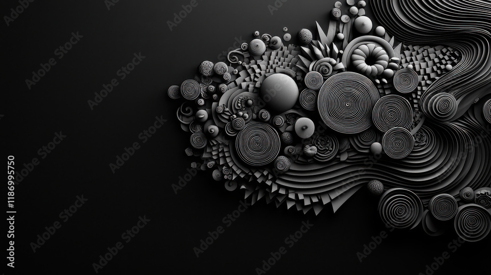 Aufkleber black and white composition featuring hand drawn geometric shapes, spirals, and circular forms creat