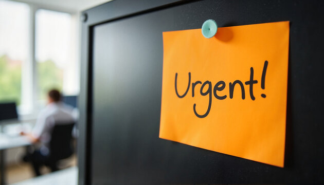 Urgent sticky note on computer monitor in office, time management, National Memo Day