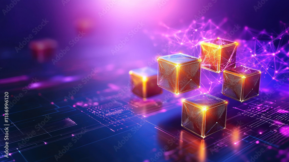 Poster Innovative blockchain technology with glowing cubes and digital connections, representing enterprise solutions and advanced data management