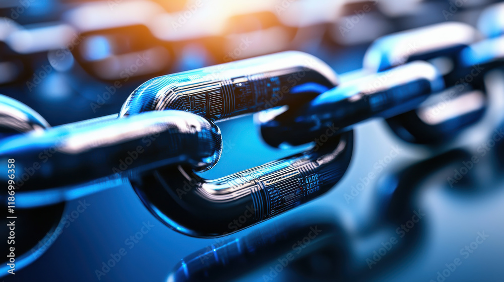 Aufkleber close up view of futuristic blue chain link representing blockchain technology, symbolizing security and connectivity in digital transactions