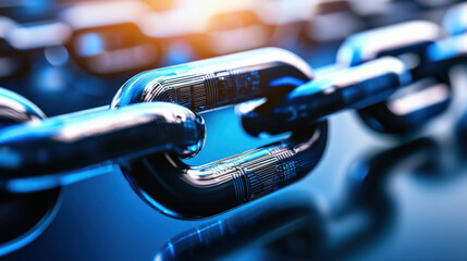 close up view of futuristic blue chain link representing blockchain technology, symbolizing security and connectivity in digital transactions