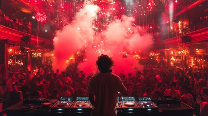 A DJ stands behind a console, mixing tracks as colorful lights and smoke fill the night club. Party-goers dance energetically, immersed in the music and ambiance.