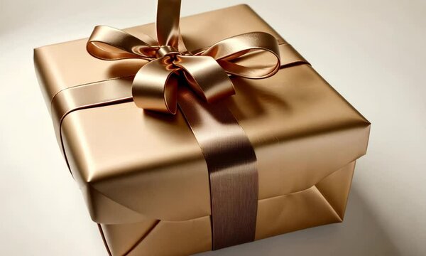 Luxury Gold Gift Box with Brown Ribbon Bow - Elegant Present for Anniversary, Birthday, or Holiday Celebration. Premium Quality of a Beautifully Wrapped Gift