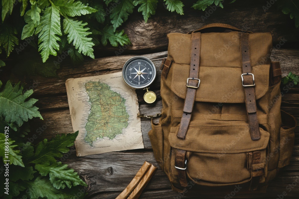 Poster Exploring the wilderness with a compass, map, and backpack on a forest floor. Generative AI