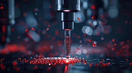 Advanced Technology in Laboratory with Precision Instrument Preparing Red Micro-Particles on Dark Surface
