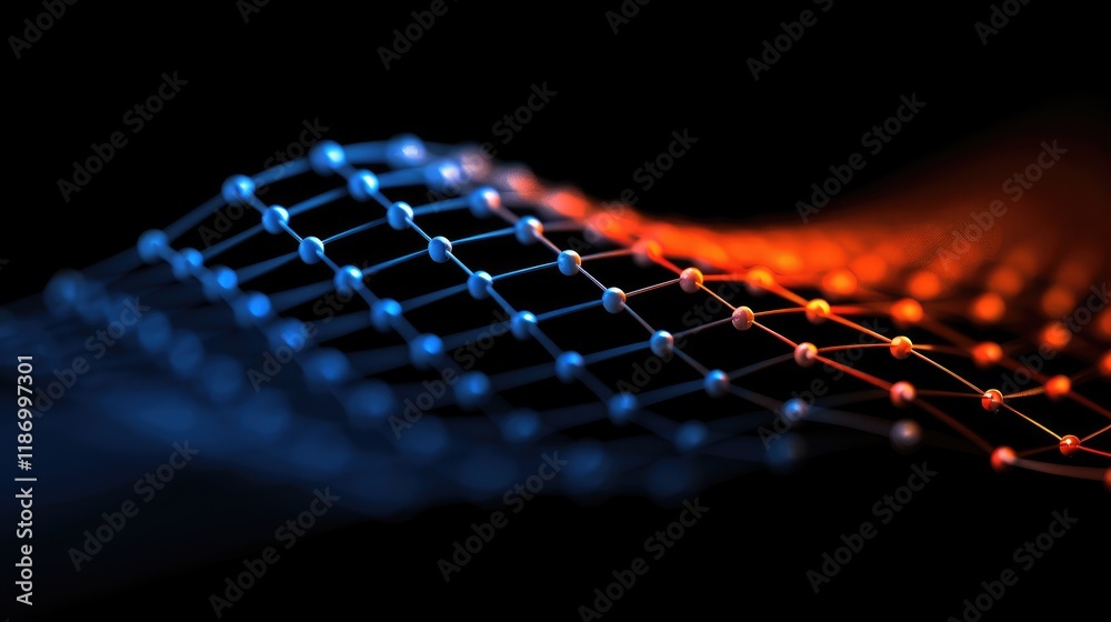 Poster futuristic abstract wave design with blue and orange nodes on a dark background for tech and science