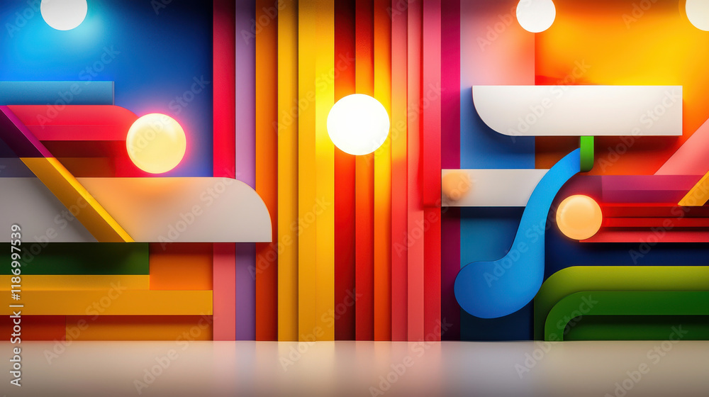 Poster Bold and vibrant composition of geometric shapes and colors, featuring circular elements and musical notes, creating lively and dynamic atmosphere
