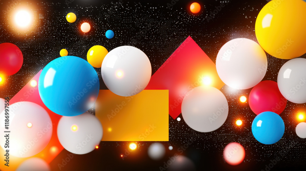 Poster bold and vibrant composition of geometric shapes and colorful spheres creates dynamic visual experience. interplay of colors and forms evokes sense of energy and creativity