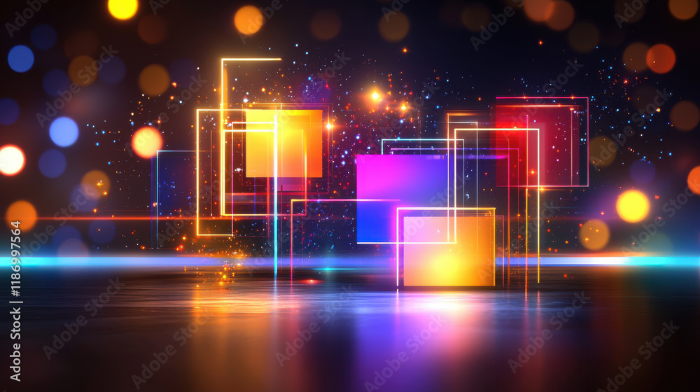 Poster bold and vibrant composition of geometric shapes with glowing edges, set against colorful bokeh background. This artwork evokes sense of energy and creativity