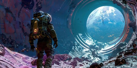 An astronaut gazes into a cosmic portal revealing a distant planet, evoking exploration and wonder.