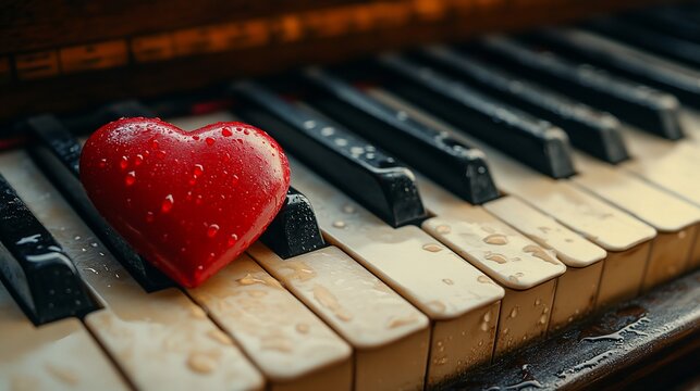Red heart on wet piano keys. (1)