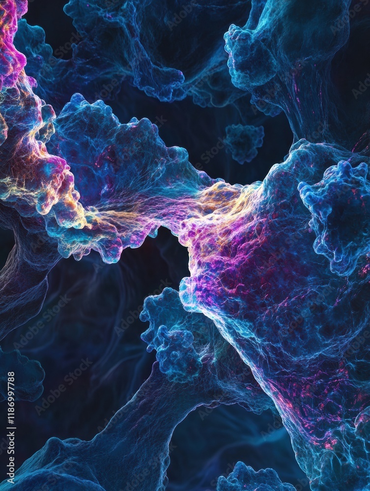 Aufkleber cancer cells shown with glowing edges in vibrant colors under microscopic observation. generative ai