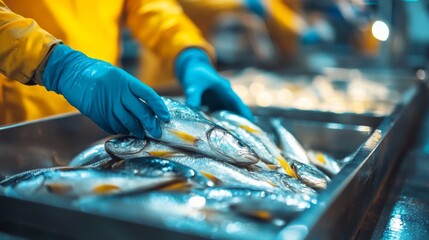 Fototapeta premium Gloved Hands Sorting Freshly Caught Silver Fish