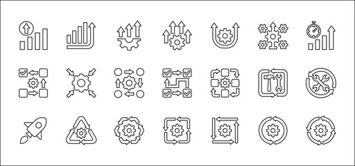 Business development improvement icon set. Contains symbol and icons of growth, progress, management, process, maintenance, increase, profit, gain, optimization, steps. Vector thin line design.