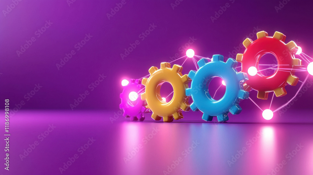 Poster Bright and colorful gears representing marketing automation, showcasing innovation and technology in vibrant setting. abstract design emphasizes connectivity and progress