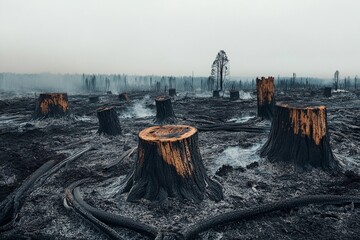 Devastating aftermath of wildfires leaves barren land and charred tree stumps behind