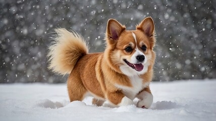 Pembroke Welsh Corgi bei Schnee in der Winterlandschaft