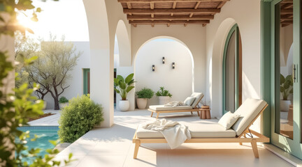Fototapeta premium two beige lounge chairs on a sunlit patio