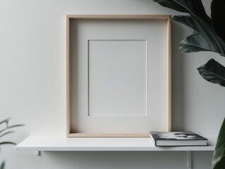 A minimalist interior scene with a wooden frame, a monochrome portrait book, and a monstera leaf on a white shelf.