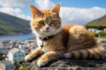 Obraz premium Portrait of a cute manx cat isolated on beautiful coastal village background