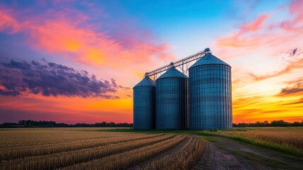 Grain Storage Silos at Farm Under Colorful Sky in Evening Light Agricultural Landscape and Farming Infrastructure Image