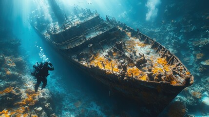 Diver explores sunlit shipwreck covered in coral.