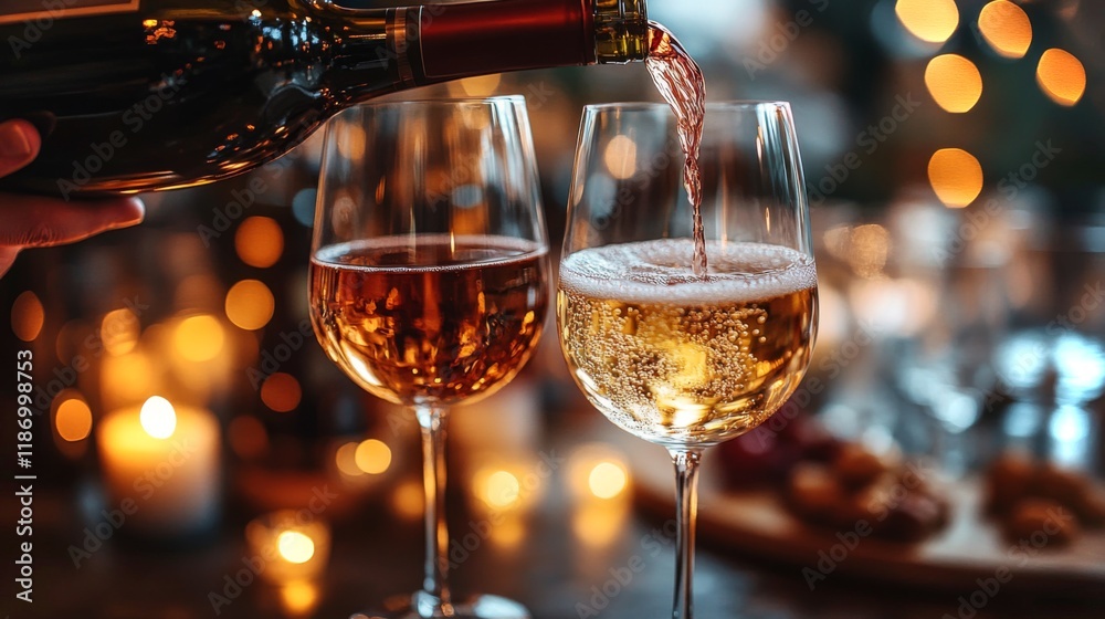 Poster a hand pours red wine into one glass while sparkling white wine fills another, surrounded by candlel
