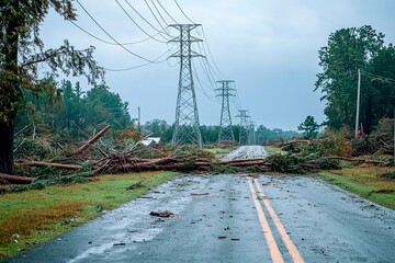 Fototapeta na wymiar Aftermath of a storm with downed trees blocking the road near power lines