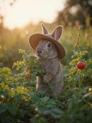 A charming rabbit in a hat harvests in the garden