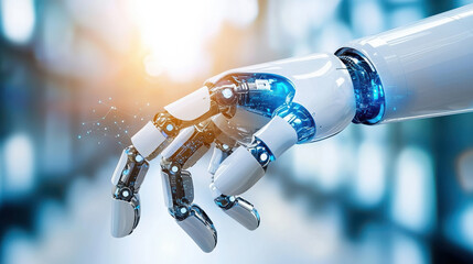 robotic hand reaching out, symbolizing integration of technology and innovation in modern business practices. This captures essence of artificial intelligence and automation