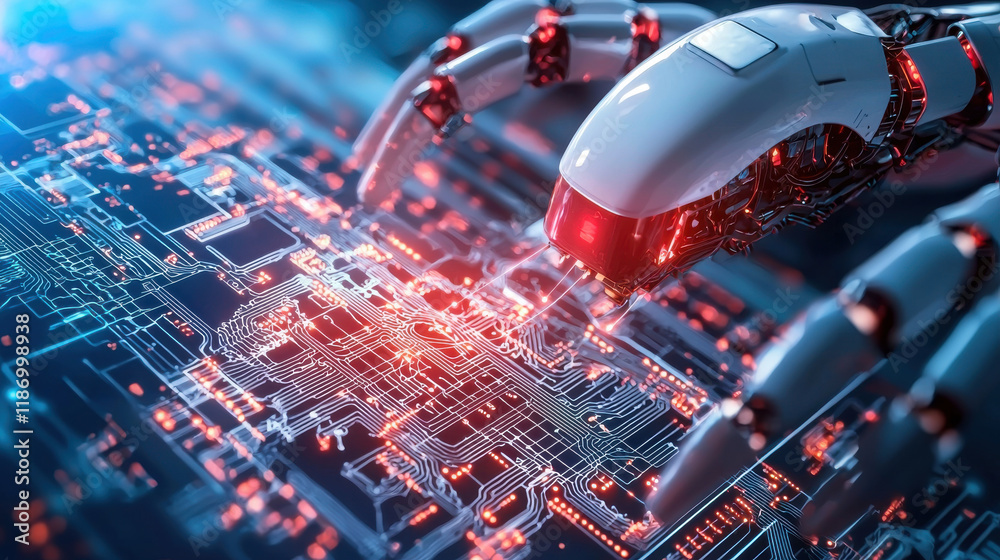 Fototapete robotic hand interacting with digital circuit board, showcasing advanced technology and artificial intelligence. scene highlights innovation and futuristic design