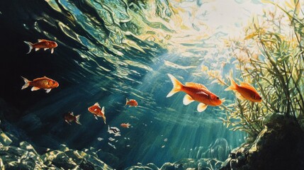 Sunlight Illuminates a School of Fish in an Underwater World