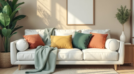 Naklejka premium white sofa with colorful pillows a sunlit room