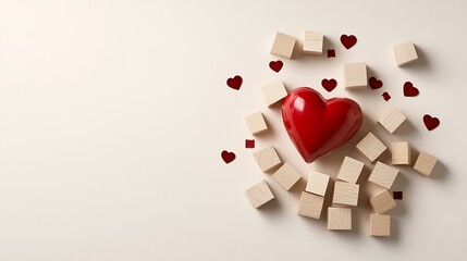 Simple, romantic design with wooden blocks and a red heart on a light background, featuring space for adding a Valentineâ€™s Day message or personalized text
