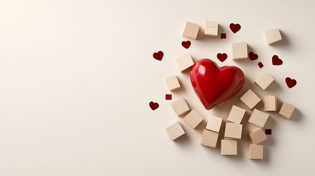 Simple, romantic design with wooden blocks and a red heart on a light background, featuring space for adding a Valentineâ€™s Day message or personalized text