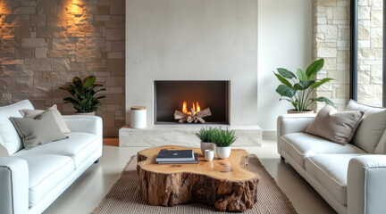 modern living room with fireplace white sofas