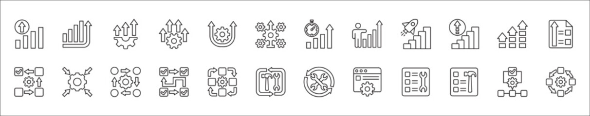 Business development improvement icon set. Contains symbol and icons of growth, progress, management, process, maintenance, increase, profit, gain, optimization, steps. Vector thin line design.