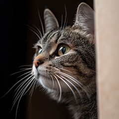 curious cat peeking out from behind cardboard box, showcasing its striking features and whiskers