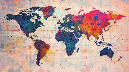 Colorful Global Connections and Network Lines on World Map