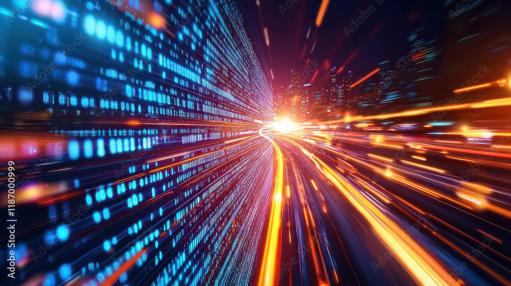Poster Dynamic data visualization with vibrant light trails and binary code