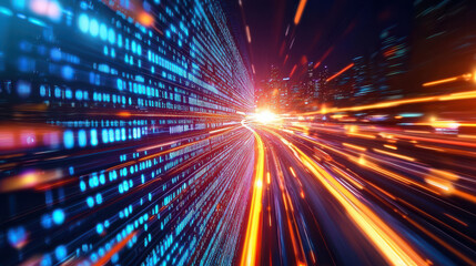 Obraz premium Dynamic data visualization with vibrant light trails and binary code