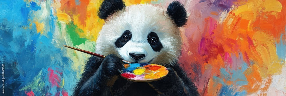 Aufkleber Panda holds a paintbrush and palette while creating vibrant art in a colorful environment. Generative AI