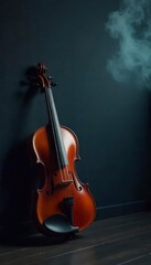 Violin leaning against a blank dark smoke with little lighting textured wall background with copy space for music concept