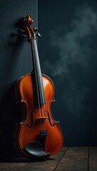 Fototapeta premium Violin leaning against a blank dark smoke with little lighting textured wall background with copy space for music concept