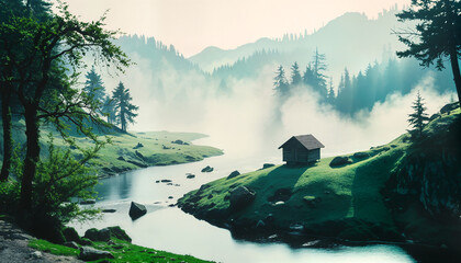 Misty Mountain Landscape with Cabin