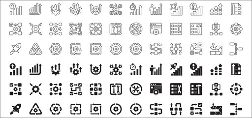 Business improvement development icon set. Contains symbol and icons of growth, progress, management, process, maintenance, increase, profit, gain, optimization, steps. Vector flat thin line design.